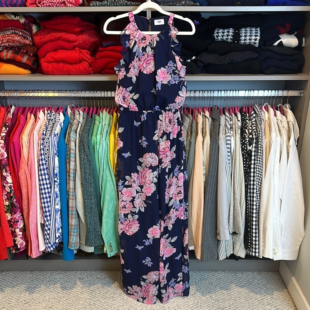 Old Navy pink/navy floral print sleeveless elastic waistband maxi dress size XS